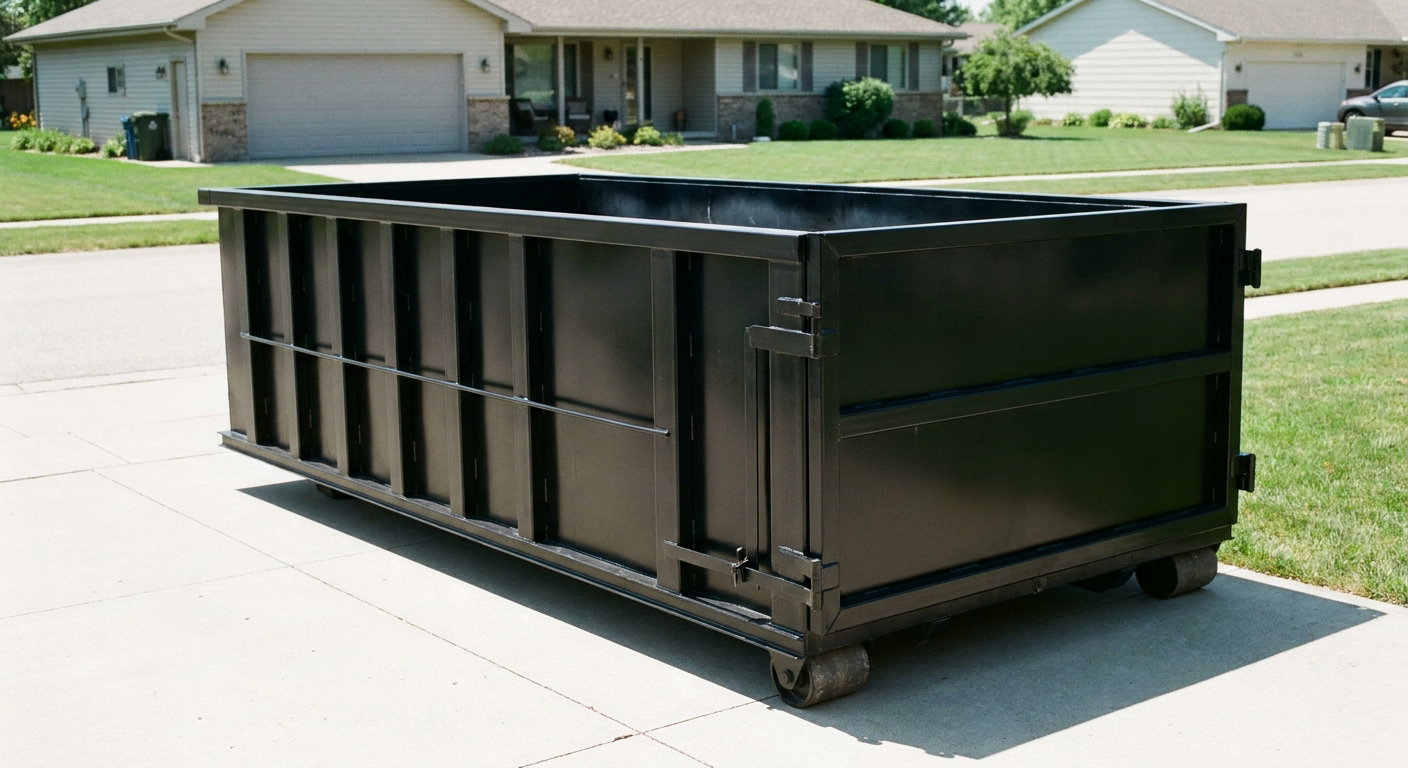 Matte-black 10-yard roll-off dumpster on a residential concrete driveway in Lake Forest, uniformly painted matte black across every panel and rail, ribbed steel sidewalls and rear swing door visible, mid-day daylight.