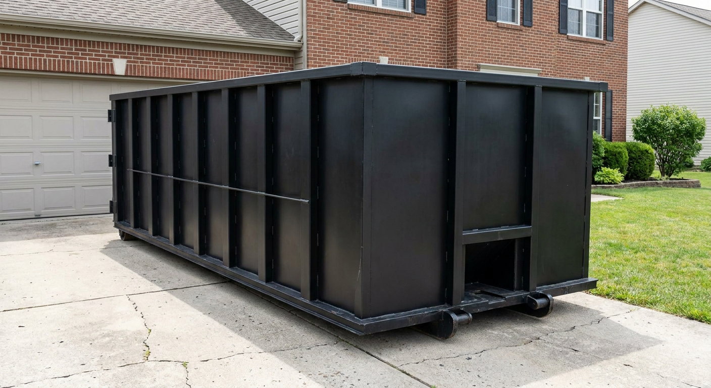 Matte-black 20-yard roll-off container on a Lake Forest residential concrete driveway with reinforced ribbed steel sidewalls and a hinged rear walk-in door, clean bright daylight.