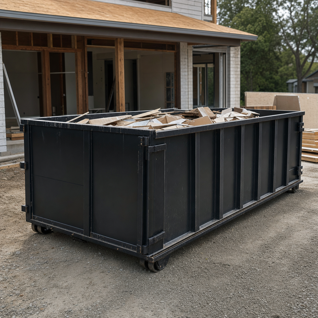 Large matte-black 30-yard construction roll-off dumpster at an active Lake Forest jobsite, steel-gray top rails and bottom rollers visible, loaded with construction debris.
