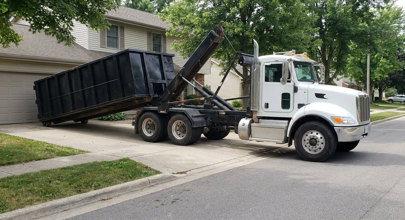White-cab hooklift roll-off truck actively lowering a matte-black dumpster onto a Lake Forest residential concrete driveway, the dumpster's rear wheels touching the driveway as the hoist arm tilts the bed forward, mid-morning daylight.