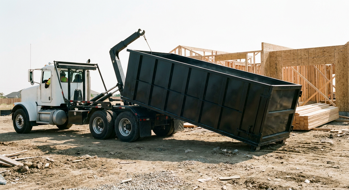 Matte-black roll-off dumpster being delivered onto a clean residential concrete driveway in Lake Forest by an unmarked white hooklift hauler truck, bright morning daylight, documentary 35mm perspective.